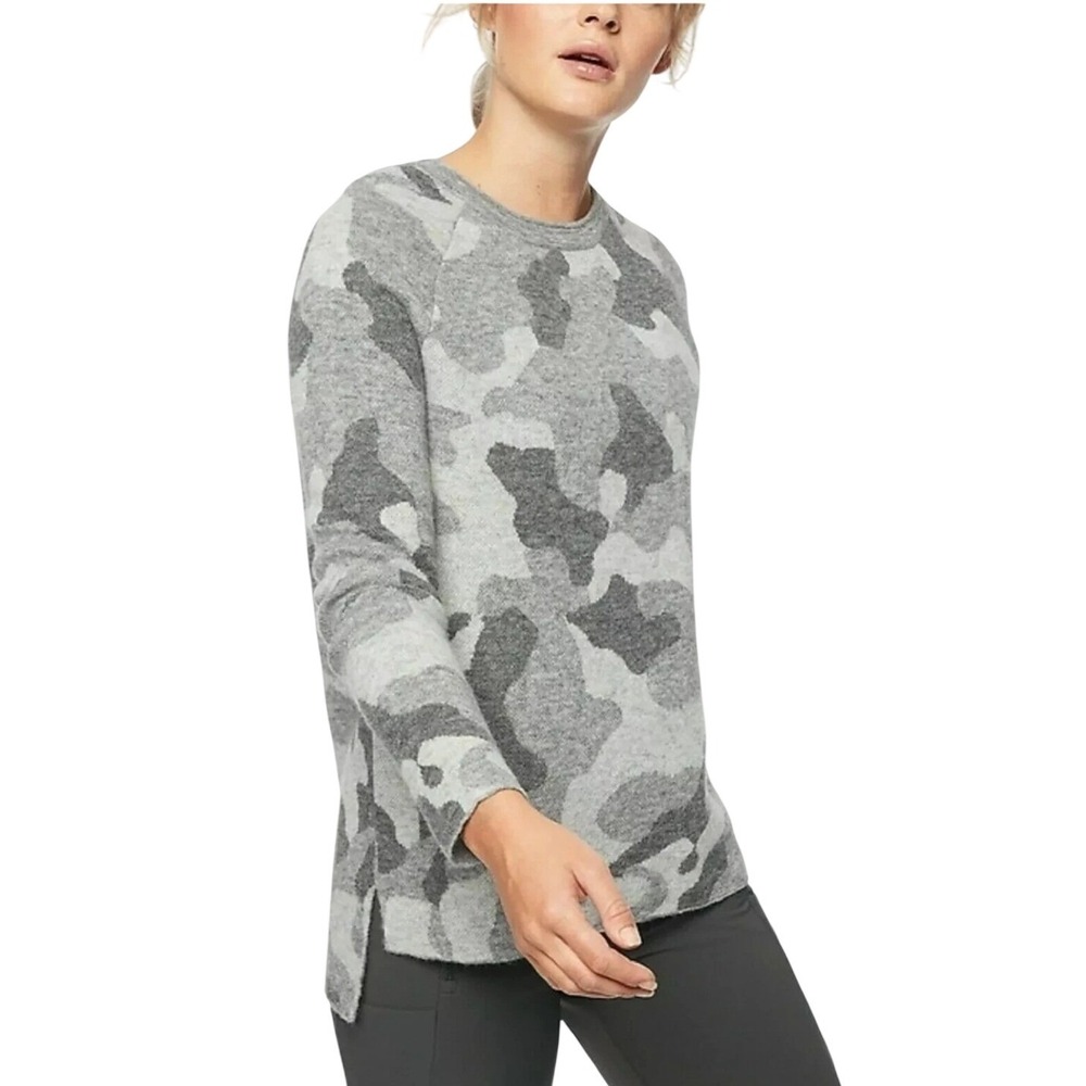 Athleta Grey Camo Alpaca Merino Wool Blend Crewneck‎ Sweater S 383722-00
